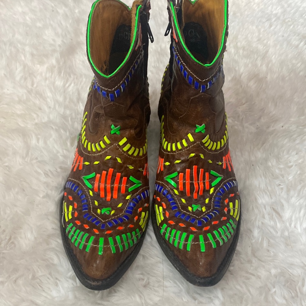 Old Gringo boots with vibrant neon colors of yellow, green, blue, and orange.